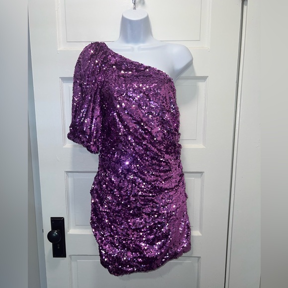FOR LOVE & LEMONS Purple Pink Madeline Sequin One Shoulder Cocktail Mini Dress ✨ - Picture 3 of 9